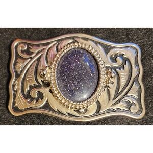 VTG Western Belt Buckle Silver Tone Purple Galaxy Goldstone Floral Filigree